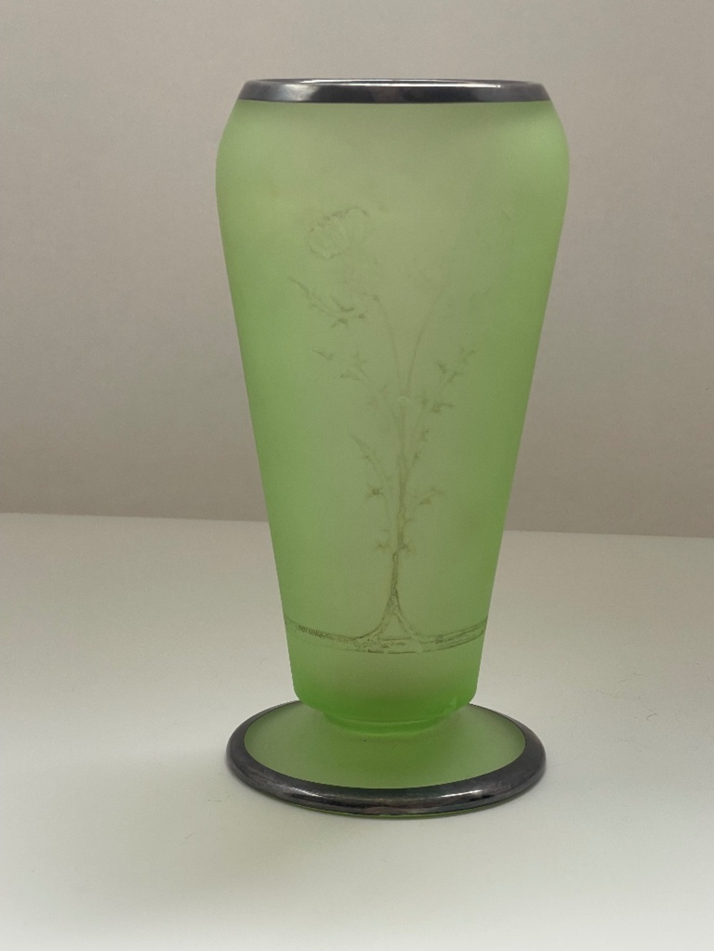 Vintage Uranium Glass Tiffin Satin Footed Vase Art Deco Silver Trim See Descript